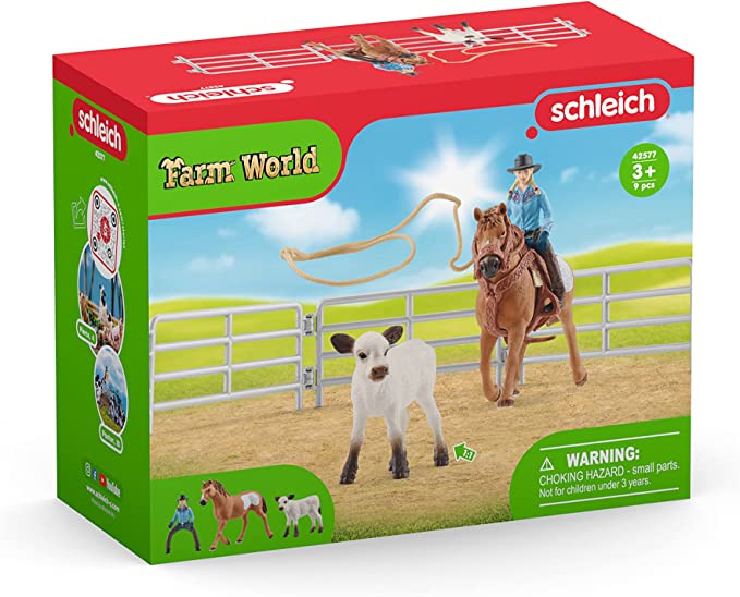 SCHLEICH 2542577 CAVALLO DA RODEO CON COWGIRL E VITELLO