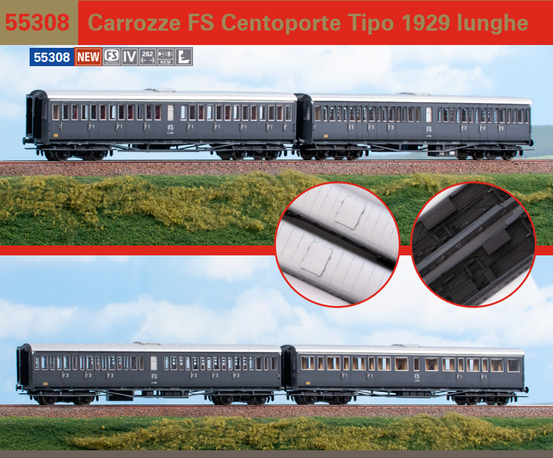 ACME 55308 SET 2 CARROZZE CENTOPORTE TIPO 1929 LUNGHE